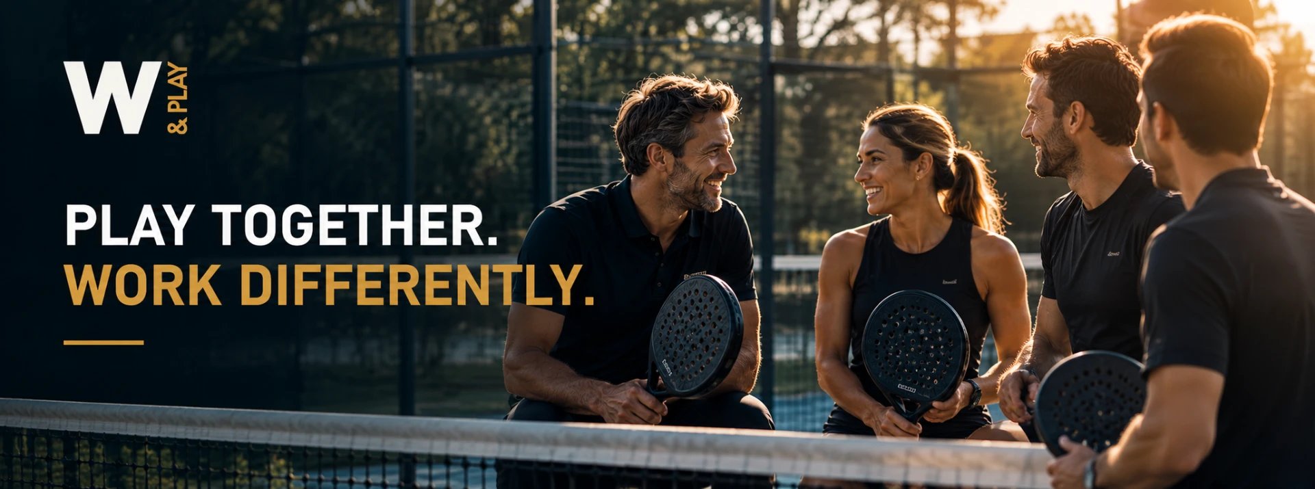 Des professionnels discutent autour d'un terrain de padel au coucher du soleil