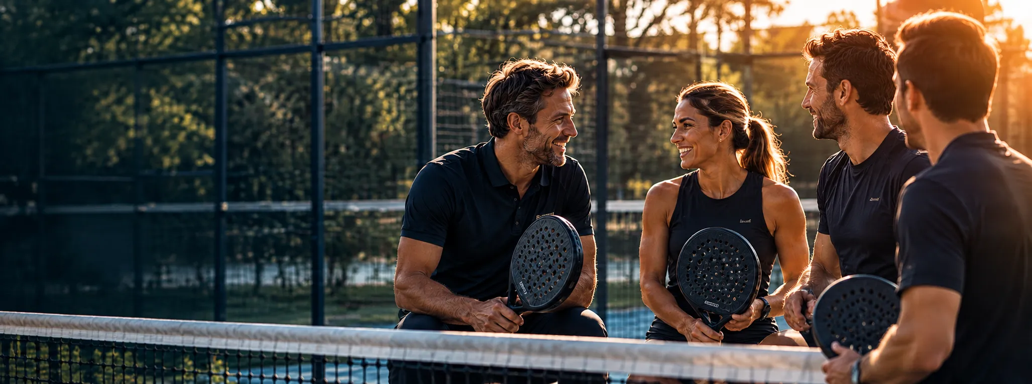 Quatre joueurs de padel, raquette en main, discutent en riant au bord du filet au coucher du soleil